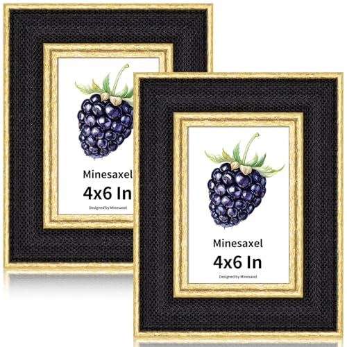 4x6 Picture Frame - Black Fabric & Vintage Gold Border HD Real Glass with Easel for Tabletop/Wall (Family Photos, Modern Decor 2 Pack) - color: Black-2pcs, size: 4x6