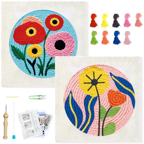 BEUNITONE 2PCS Bohemian Flower Punch Needle Kit for Adults Beginners, Complete Craft Kit Needlepoint Kits for Adults with Hoop, Punch Needle Starter Craft Set for Cloth Festival Gift and Home Decor - color: 03-Abstract Flower