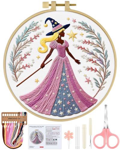ERKOON Embroidery Kit for Beginners Adult, Cross Stitch Set Include Embroidery Cloth Hoops Threads for Craft Lover Hand Stitch with Embroidery Skill Techniques (Brown Witch) - color: Brown Witch