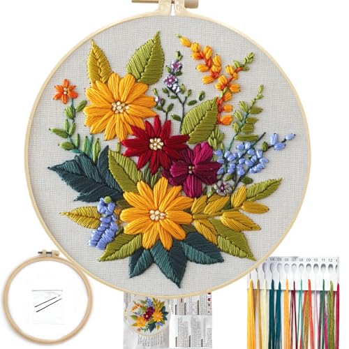 FONNUY Floral Embroidery Kit for Beginners, Colorful Flowers Pre-Stamped Pattern Kits for Adults with Hoop, Thread Needlework, 8'' Hoop (Zinnia) - color: Zinnia
