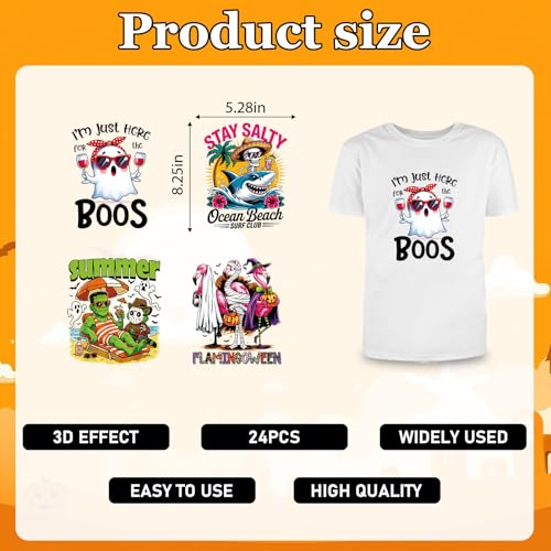 24Pcs Summer Halloween DTF Transfers Ready to Press, Spooky Summer Ghost Skeleton Pumpkin Heat Transfer Designs for T Shirts, Tote Bags, Pillows, DIY Clothing and Craft Projects - color: Summer Halloween