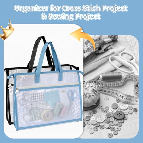 2 Pack Needlepoint Bag, Clear Mesh Zipper Pouch with Handle & Extra Pocket, Sewing Bag Suitable for Quilting, Knitting, Stitching and Embroidery Storage Projects, Cross Stitch Bag, A4 Size, Art Sewing
