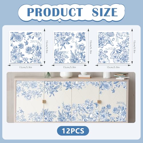 Vintage Floral Rub on Transfer for Crafts, 12 Sheets Blue Retro Chinoiserie Flowers Rub on Transfer for Furniture, Cute Christmas Cold Transfers Stickers for Wood Craft Canvas Farmhouse Decoration - style: Vintage Floral