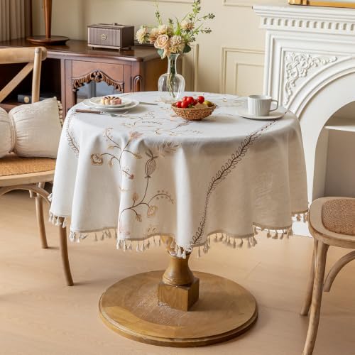 Joyfol Day Rustic Round Table Cloth, Heavy Duty Linen Florals Embroidery Tablecloths, Farmhouse Waterproof Tablecloth, Wrinkle Free Table Cover with Tassels, Coffee Berry, 55 inch - color: Coffee Berry, size: 55" (Round)