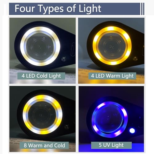 10X Rechargeable Jewelers Loupe Magnifier with UV & LED Lights, Four Types of Light, 22mm Triplet Lens, Pocket Eye Loupe Jewelry Loop Magnifying Glass for Diamond, Gemstone, Currency, Coins, Stamps - size: 10x Silver