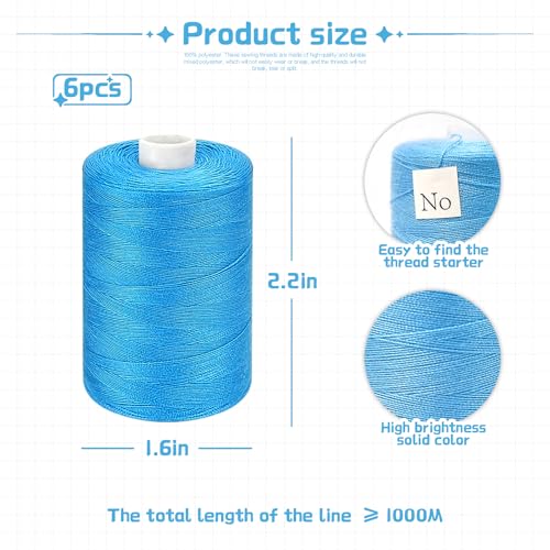 Blue Thread for Sewing, 6 Spools of 1000 Yards Polyester Quilting Thread - color: Blue+BabyBlue