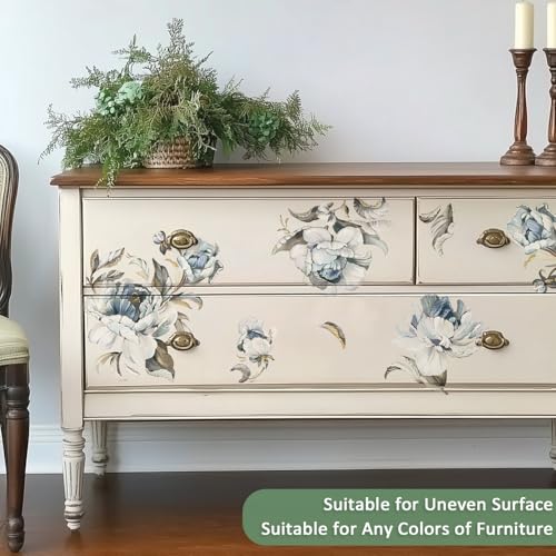 Floral Vintage Rub on Transfer for Furniture Large Flower UV DTF Transfer Sticker for Wood Glass Home Decor, Vintage Blue Penoy - style: Vintage Blue Penoy