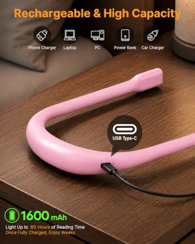 Pink Book Light with Storage Case, Rechargeable Neck Reading Light - color: Pink + Black Storage Case