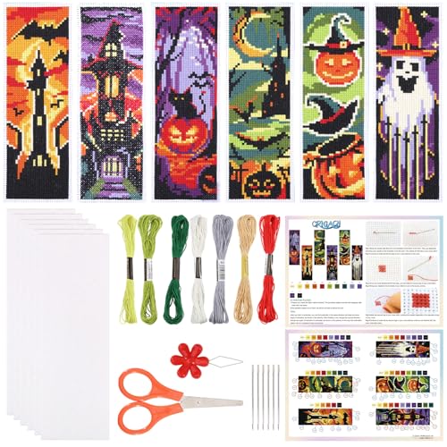 ORIGACH 6 Set Halloween Cross Stitch Bookmark Kit for Beginner - style: Halloween
