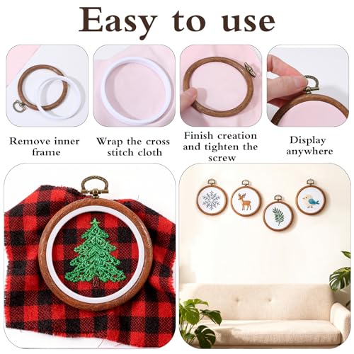 16 Pcs 3 Inch Round Embroidery Hoop, Circle Rubber Decorative Embroidery Hoop Frames for Display, Imitated Wood Cross Stitch Ornament for Christmas Craft Sewing DIY Hanging Gifts