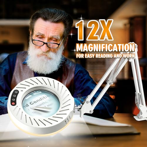 Toolastra 12X Magnifying Glass with Light and Stand, 144 LEDs Brightest Desktop Magnifying Lamp, 10 Dimmable Brightness 5 Color Modes, Hands Free Metal Desk Lamp for Craft Reading Painting (White) - color: White