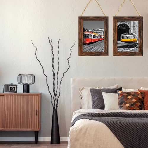 5x7 Hanging Collage Picture Frames Wall Decor, 1-Opening 5x7 Rustic Wood Frame with Hemp Rope Rustic Brown - color: Rustic Brown, size: 5x7