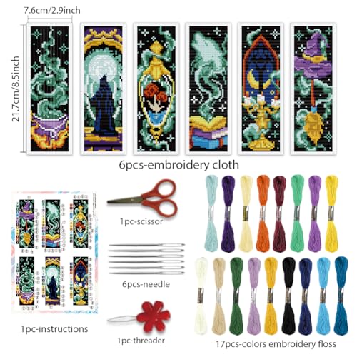 BEUNITONE 6 Pcs Cross Stitch Bookmark Kit for Beginner Magic Stamped Cross Stitch Kit for Adults Printed Embroidery Bookmarks Kits with Instruction for DIY Crafts Book Lovers 8.5''x3'' - style: Magic Element