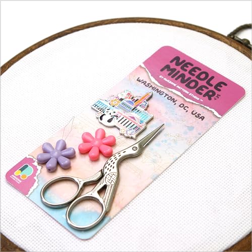 Awesome Pattern Studio Needle Minder Set – Washington Magnetic Needle Minder + 2 Needle Threaders + Crane Scissors. Enamel Pin for Cross Stitch, Embroidery and Craft - size: Washington Set #2