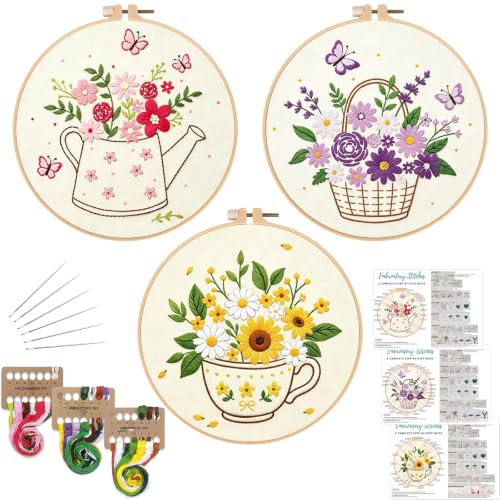Louise Maelys 3 Pack Flower Pot & Basket Embroidery Kit for Beginners - color: Flower Pot