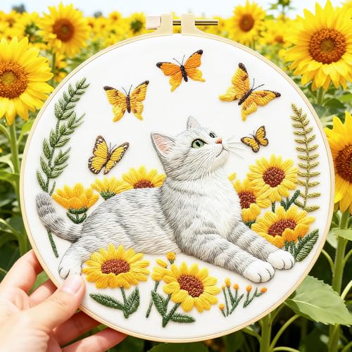 BEUNITONE 4 Set Embroidery Kit for Beginners, Cat and Butterfly Pre-Stamped Pattern Needlepoint Kits for Adults with Hoop and Instruction, Cute Hand Embroidery Patterns for Cloth and Home Decor - style: A-Cat-01