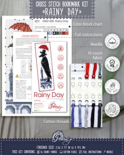 Povitrulya Rainy Day Counted Cross Stitch Bookmark Kit - DIY Embroidery Set - color: Rainy Day