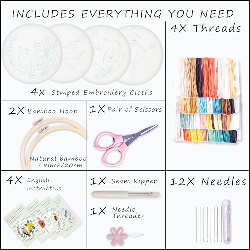 Bonroy 4 Sets Embroidery Set for Beginners, Art Craft, Easy Sewing, Includes Embroidery Clothing, Pattern, Embroidery Hoop, Instruction Manual, Colorful Thread Needles Set (6 Pieces) - color: Bird