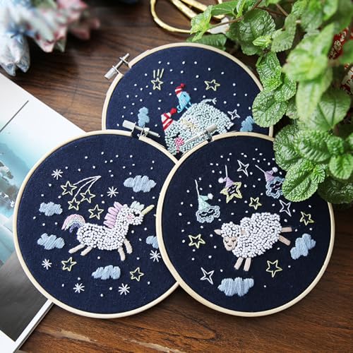 WHEWGLC Embroidery Kit for Beginners, 2 Set Embroidery Starter Kit Cute Animal Patterns, Instruction & Video with Wooden Hoops Needles Threads DIY Hand Sewing Gift for Adults and Teens - size: 6.3 In 2PCS