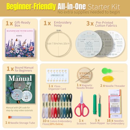 ETSPIL Embroidery Kit for Beginners, 4K Step-by-Step Video, Adults, Gift - color: simple B