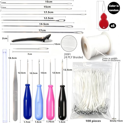 119PCS Candle Making Kit Mold Punch Needle with Hook Eye,Candle Wick Inserting Tool for Molds Long Wick Needle for Candle Making,Candle Wick Roll 200 Ft 24 Wick Spool,100 Piece 6" Natural Candlewick - color: 119PCS