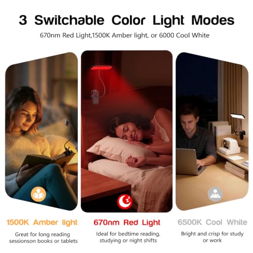 670nm Red Light Reading Lamp,Rechargeable Clip Book Light, 3 Color Modes, Touch Dimming, No Blue Light, Portable Cordless Reading Lamp for Bedroom Office Students (Black)