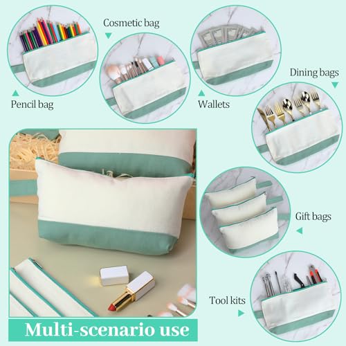 Silkfly 15 Pcs Cotton Canvas Makeup Bags Cosmetic Zipper Bags 10.2 x 5.5 x 2'' Blank DIY Pouch Bulk Pencil Case with Bottom Travel Toiletry Pouch for Women Craft Decor Gift (Beige and Green) - color: Beige and Green