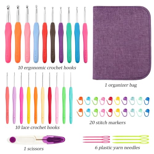 Yarniss 20 Sizes Ergonomic Crochet Hooks Set for Beginner 0.5mm-10mm - size: 20 Size(0.5~10.0mm) Purple