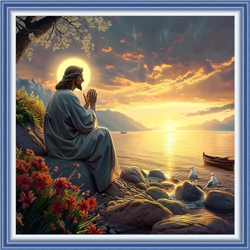 Redxing Stamped Cross Stitch Kits Full Range of Embroidery Starter Kits- Needlepoint Counted Cross Stitch Kits for Beginner Adults 11CT Printed Embroidery Kit-Prayer of Sunrise to Jesus 18x18 inch - color: DIYArtsKit14