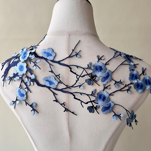 2pcs Iron on Plum Flower Applique Blue Color Embroidery Vine of Floral for Clothing,Costumes - color: Blue