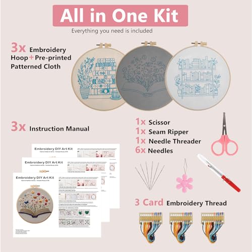 Embroidery Kit for Adults, Pre-Stamped Pattern Embroidery Kit for Beginners, Needlepoint Starter Kit with Hoop Thread Needle Instruction, 7.9'' Hoop (Book Lover 3 Packs) - style: Book Lover 3 Packs