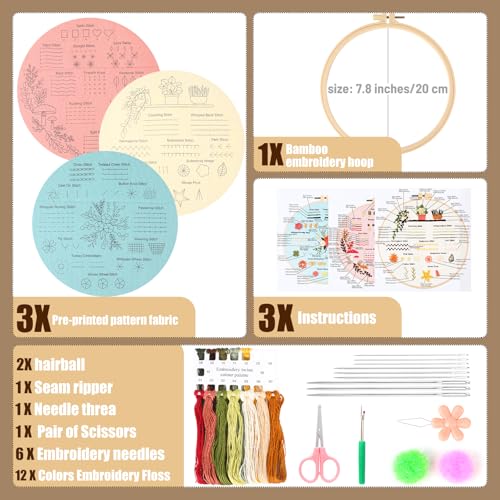 Beginner Embroidery Kit for Adults, 3 Pack Patterns with Video Guide - color: Floral Stitch Sampler