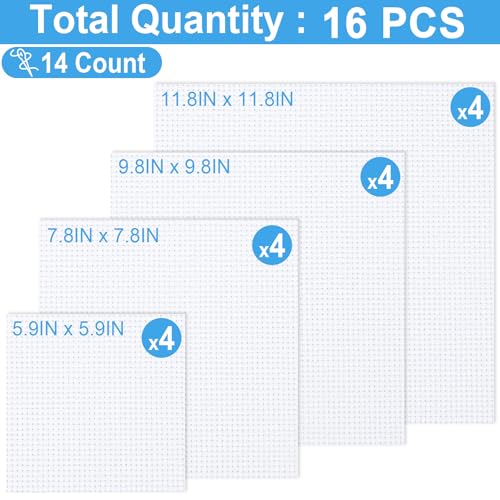 MYFAMIREA 16PCS Cross Stitch Fabric, 4 Sizes White Aida Cloth 14 Count Craft Embroidery Cloth Classic Reserve Cross Stitch for Home DIY Handmade Needlework Embroidery Decoration, 5.9 to 11.8 inch - color: White, size: 14 CT 5.9-11.8In (16 PCS)