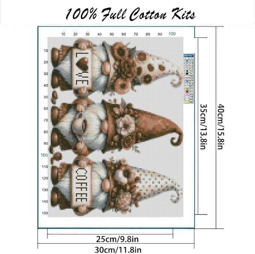 Stamping Cross Stitch Kit Gnome and Flowers, Counting Cross Stitch Kit for Adult Beginners Coffee, Full Line DIY Cross Stitch Stitching Kit for Home Decor Cross Stitch Patterns 15.7x11.8inches - color: D023
