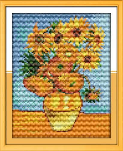 IUHUI 14 Count Stamped Cross Stitch Kits for Beginners Adults, Sunflower of Van Gogh Pre-Printed DIY 14ct Embroidery Sewing Starter Kit Needlework Easy Patterns Famous Paintings - color: Sunflower