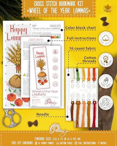 Povitrulya Counted Cross Stitch Kit “Lammas/Lughnasadh“ – DIY Bookmark Embroidery Set for Adults & Beginners, First Harvest Pagan Celtic Rustic Seasonal Autumn Gift - color: Lammas/Lughnasadh