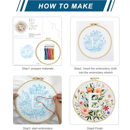 Zhenqing Letter E Floral Embroidery Kit for Beginners, Pre-Printed 29x29cm Cotton Fabric with 20cm Hoop, Elegant Monogram Art for Home Decor(C0088)