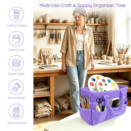 AKAYOK Craft Storage Tote Bag with 10 Pockets,Sturdy Art Supply Organizer - color: Purple