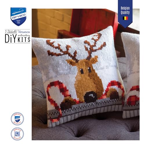 Vervaco Cross Stitch Christmas Pillow Kit Reindeer DIY Home Decor Stamped Embroidery Chunky Cross Stitch Cushion Craft Supplies ca. 16" x 16" Needlepoint Kits for Adults Creative Gift - size: Reindeer