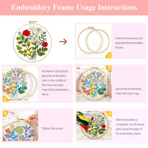 Zhenqing Rose and Lily Cross Stitch Kit for Beginners - 11CT 24x24cm Pre-Printed Pattern with Embroidery Hoop, Threads & Tools, Floral Design(70519) - color: Rose and Lily