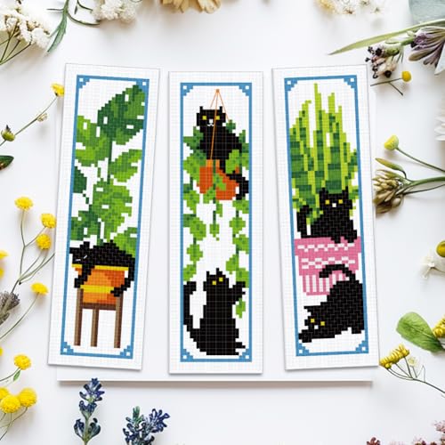 ACRNIGHEET 6PCS Cross Stitch Bookmark Kits Cute Cat and Plants Pattern Stamped Cross Stitch Kits for Beginners Adults DIY Stamped Embroidery Bookmarks with Instructions Hand Embroidery Craft Gift 11CT - style: Black cat and plant patterns