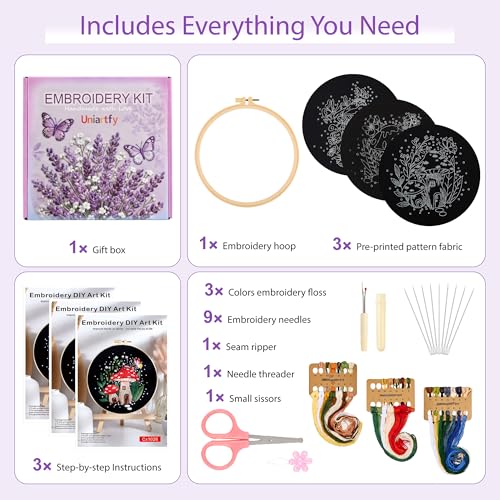 Uniartfy 3 Sets Embroidery Kit for Adults Beginners, Needlepoint Kits Cross Stitch, Hand Embroidery Starter Kit with Mushroom Stamped Patterns, Hoop, Tools, Colorful Threads with Needles, Instructions - color: Embroidery Kit-L