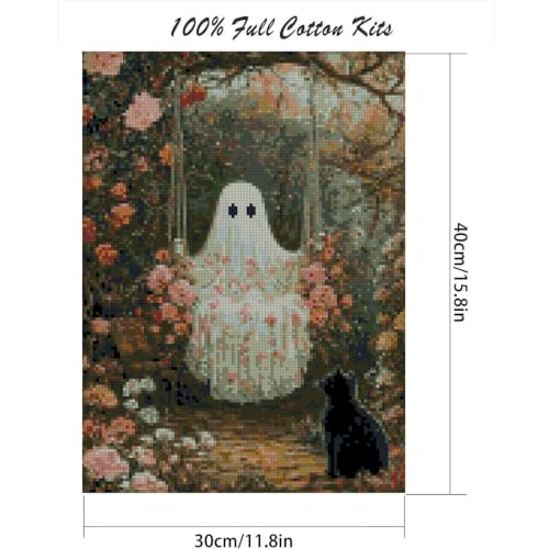 Fotasmua Halloween Stamped Cross Stitch Kits - Ghosts and Black Cats Embroidery Starter Kit for Adult Beginners, 11CT Needlepoint Cross-Stitch Patterns Kit Arts and Crafts for Home Decor 12x16 Inch - color: SZXY007-US