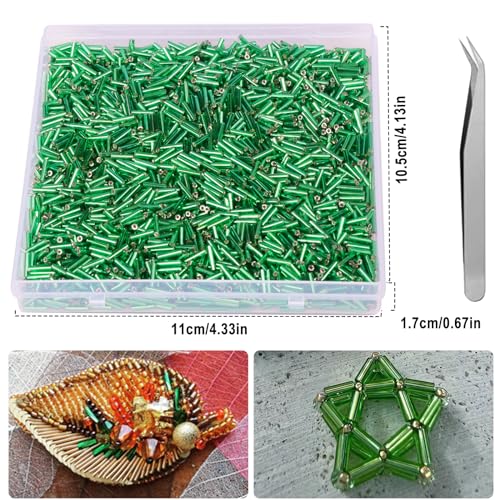 4000pcs Dark Green Bugle Beads Bulk -Embroidery Beads,Long Tube Bead for Jewelry Making, Bracelet Necklaces Supplies,Craft DIY(7x2mm) - color: Dark green