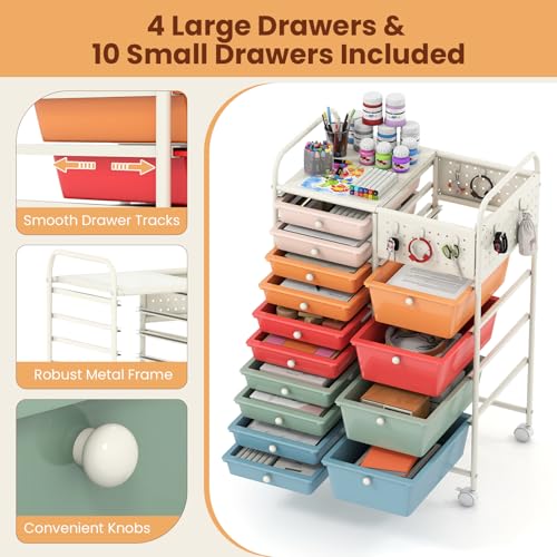 Giantex 14 Drawer Storage Cart, Rolling Craft Cart with Metal Tabletop & Pegboard, Mobile Utility Organizer Trolley with Locking Wheels, Home Office, Macaron Multicolor - color: Macaron, size: 14 Drawer-25"x14.5"x34.5"