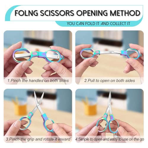 2PCS Folding Scissors, Color Stainless Steel Portable Travel Scissors, Foldable Pocket Badge Mini Small Scissor with 2 Key Ring, Gift for Men Safety Scissor for Outdoor, Fishing, Sewing, Home, Office - color: Color
