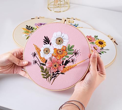 GLTAYLMY Embroidery Kit for Beginners Adults,3 Pack Cross Stitch Kits with 1 Plastic Embroidery Hoops,Needles and Color Threads,Needlepoint Kit for Hand Embroidery Starter - color: New Flower