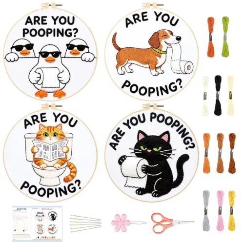 BEUNITONE 4 Pack Beginner Embroidery Kit for Adults, Funny Animal Pre-Stamped Pattern Needlepoint Kits with Hoop, Tools & Instruction, 7.9"x7.9" Hand Embroidery Kits for Fabric and Home Decor - style: D-Are You Pooping