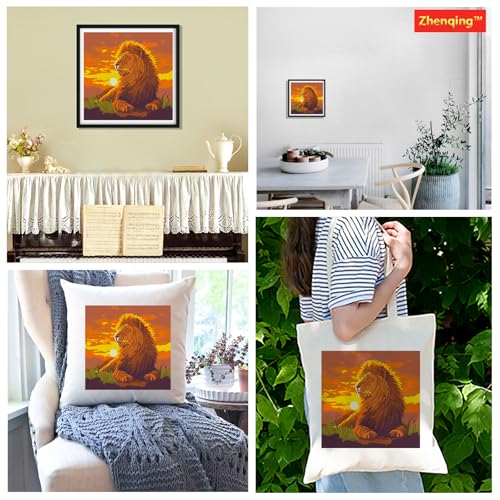 Zhenqing Majestic Lion Stamped Cross Stitch Kit for Beginners, 11CT Printed Full Coverage Sunset Wildlife Animal Pattern, 38 x 38 cm DIY Embroidery Needlework Set, No Hoop Needed - color: Majestic Lion