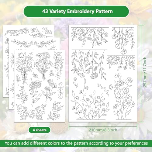 ORIGACH 4 Sheets Water Soluble Neckline Embroidery Patterns Stabilizers - Pre-Printed Floral Patterns Designs - Stick & Stitch Embroidery Paper for Hand Sewing Lovers - color: Floral